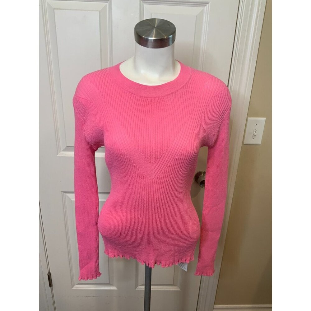 Aknvas Pink Thin Knit Ribbed Ruffle Long Sleeve Top Size Large